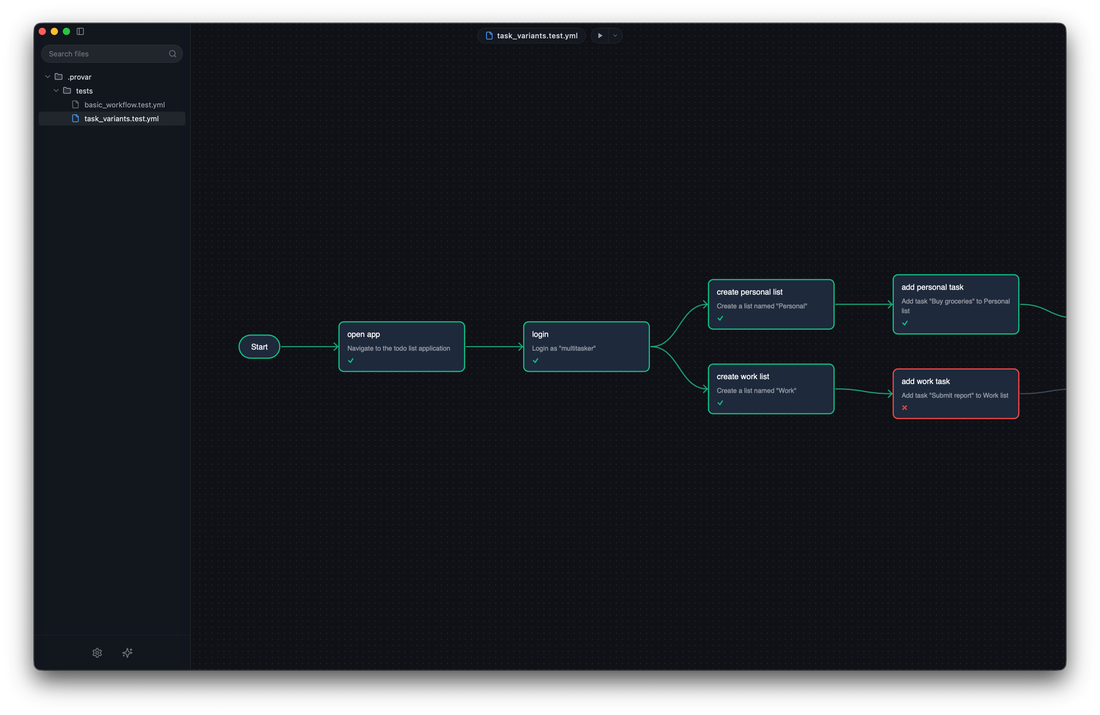 Provar canvas showing a visual flow of an end-to-end test